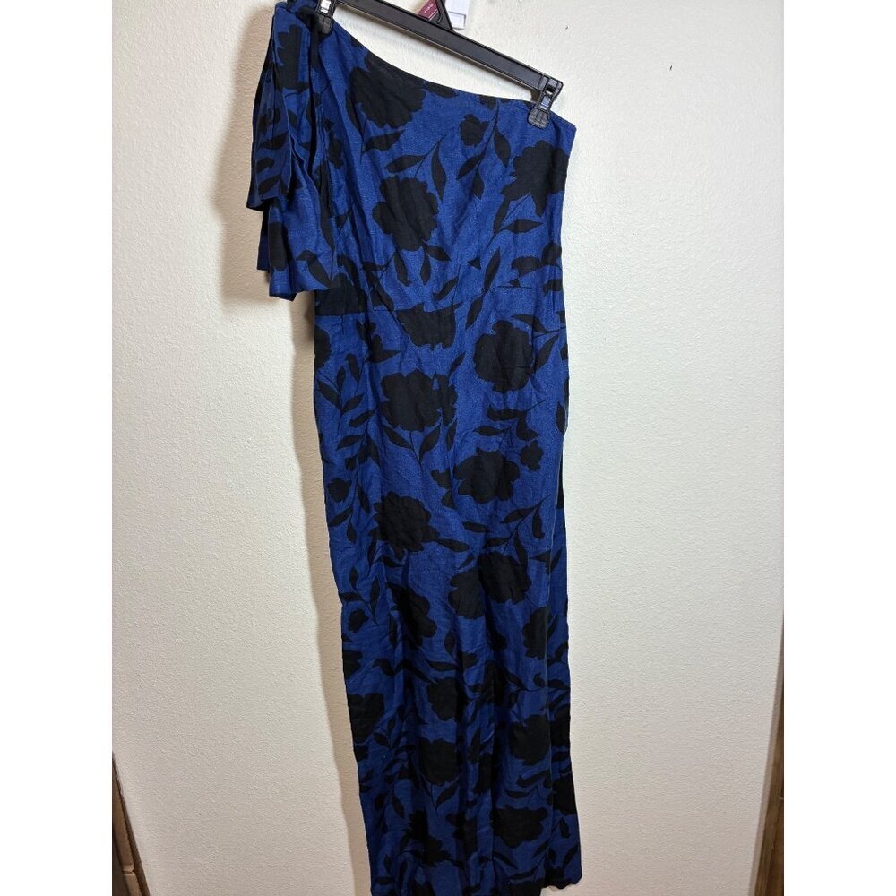 Kate Spade Linen Jumpsuit One Shoulder Pants Boho Party Cocktail Floral Blue Sz4